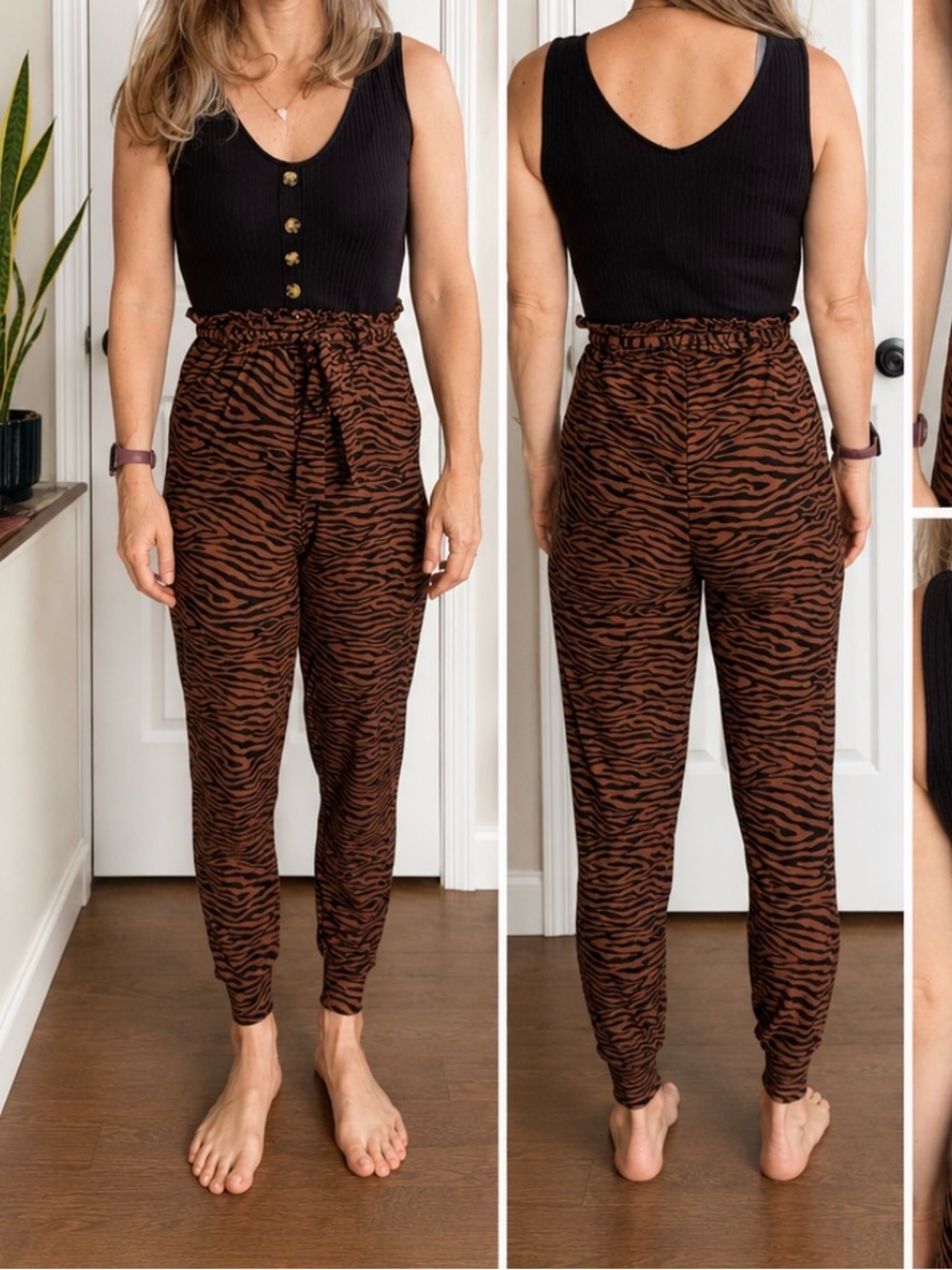 Women's Brown Tiger-Print Paperbag Waist Jumpsuit Pants